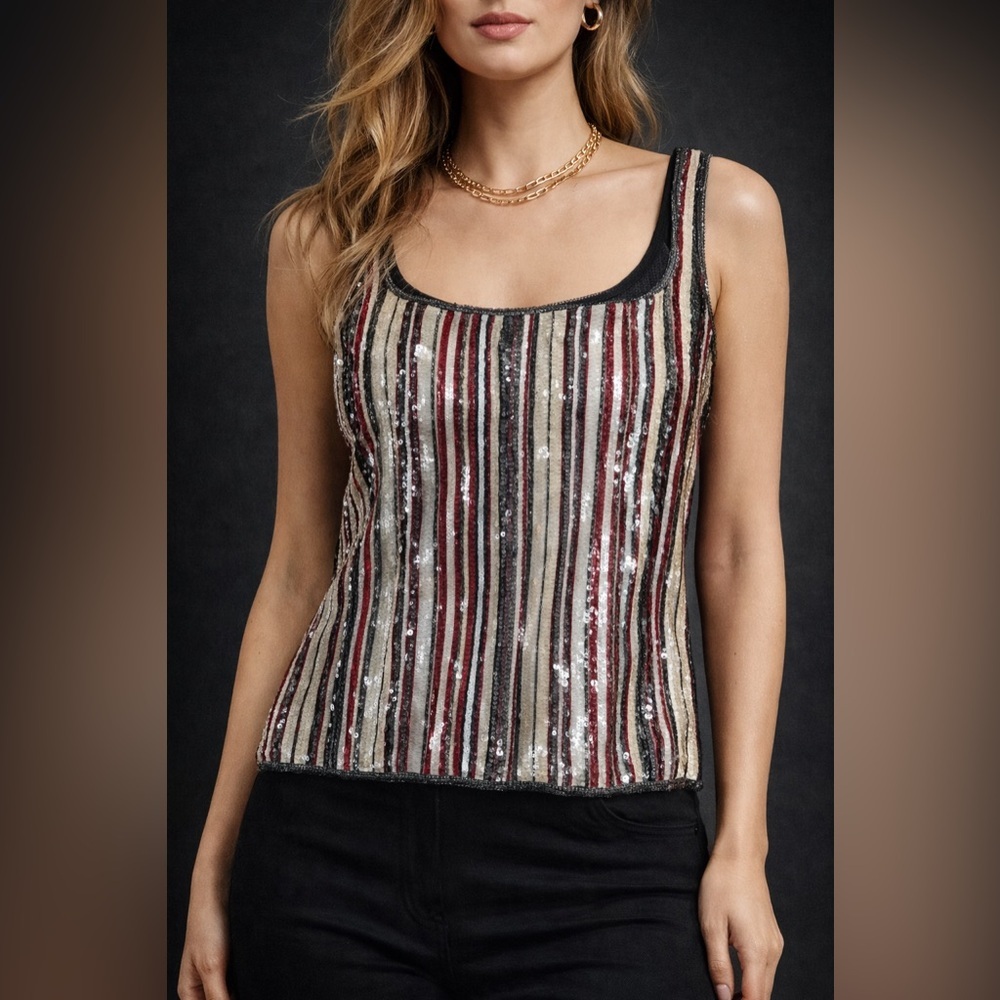 Worth Y2K Sequin Silk Blend Striped Tank Top Medium Vintage